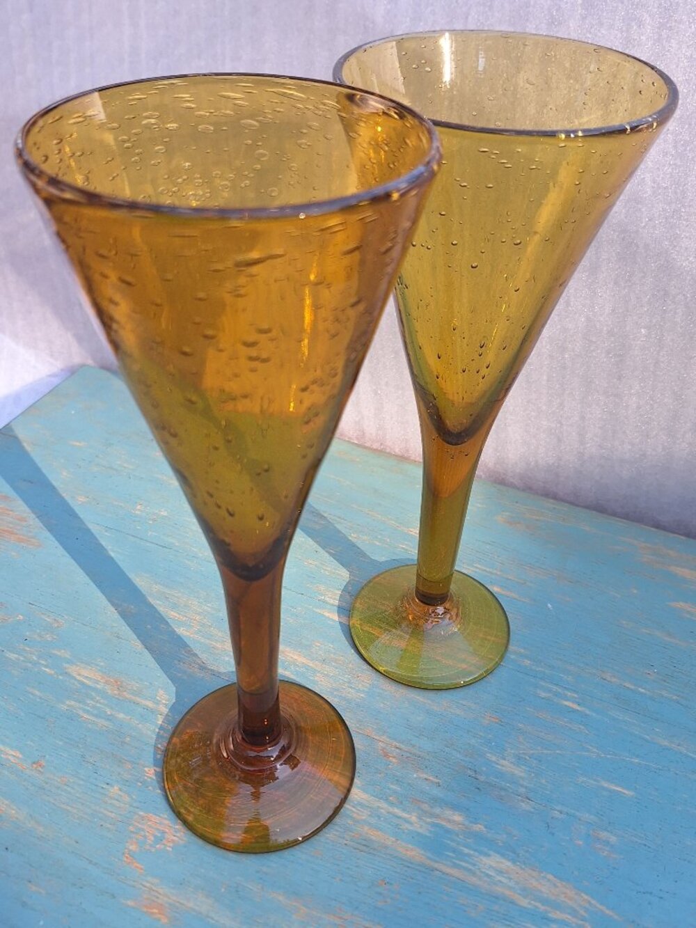 Vintage Wine Goblets Bubbles Hand Blown Glass Gold Bronze Color Pair His and Her